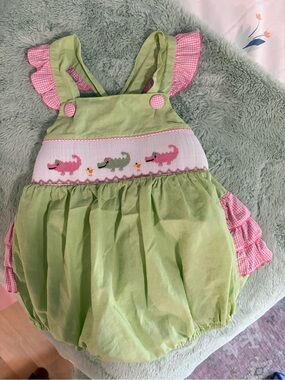Smocked Gator Bubble One-Piece - Green & Pink